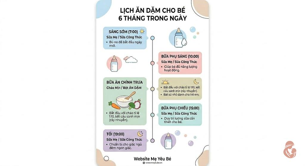 Bảng lịch ăn dặm cho bé 6 tháng trong ngày