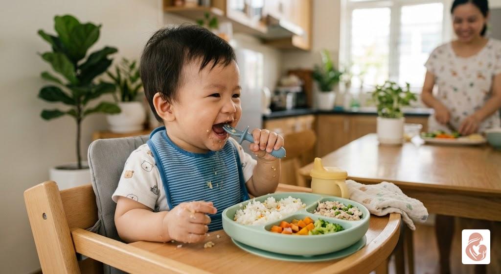 Bé 12 tháng ăn cơm mềm chuẩn bị ăn như người lớn