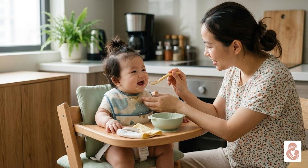 Bé 6 tháng tuổi ăn dặm bột loãng lần đầu