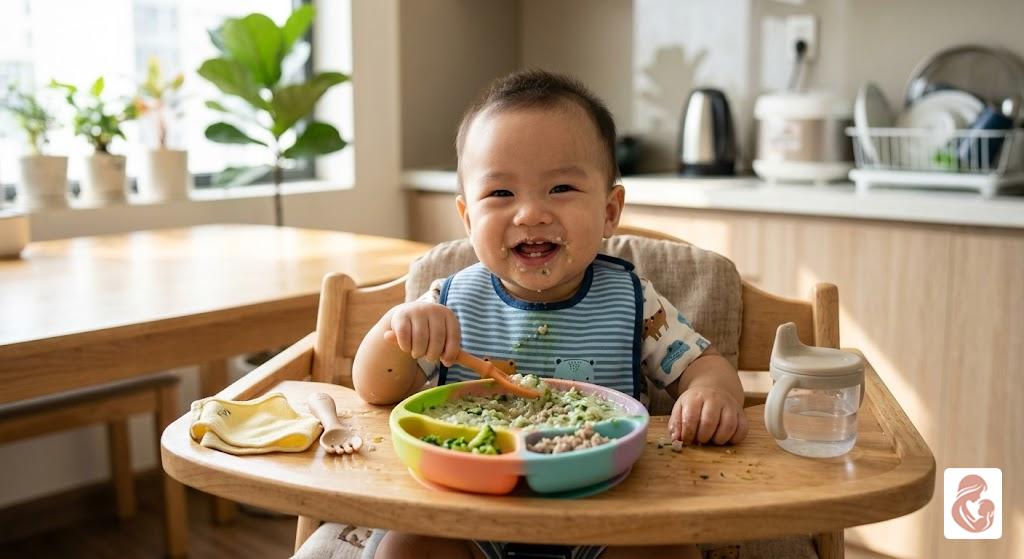 Bé 8 tháng ăn cháo sệt đủ dinh dưỡng
