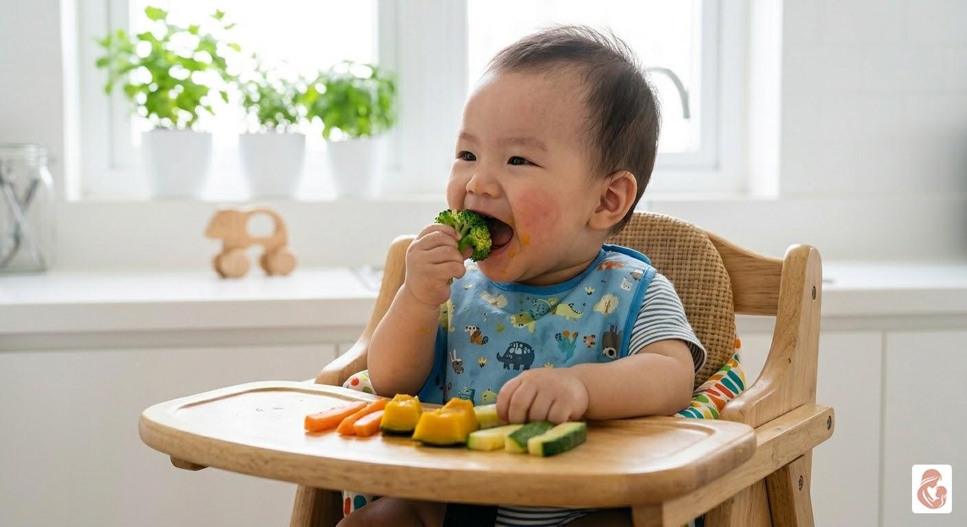 Bé 8 tháng tự cầm thức ăn