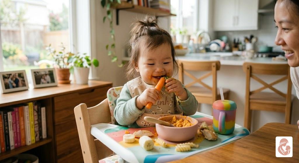 Bé tự cầm cà rốt hấp hoặc thức ăn mềm