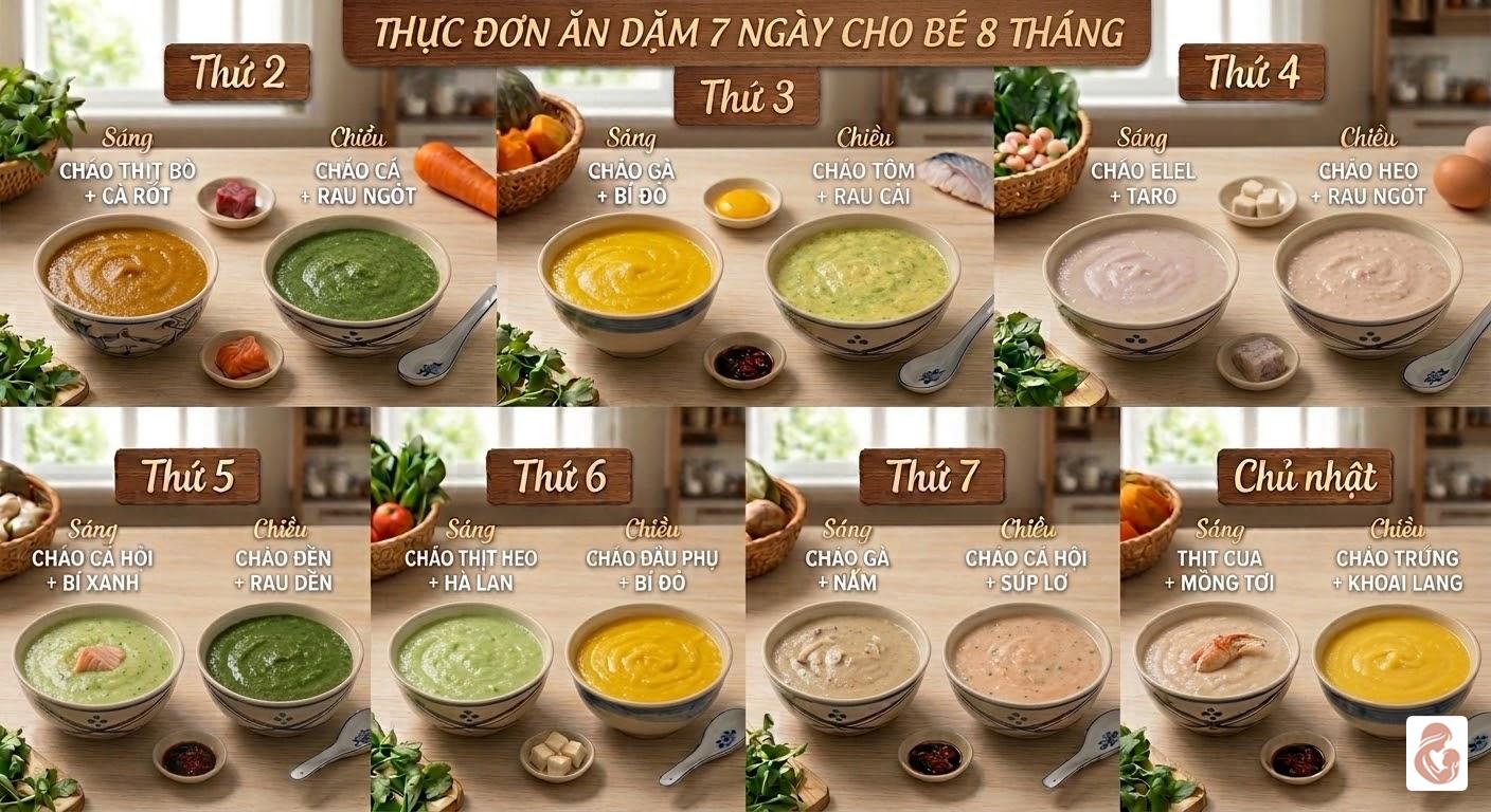 Thực đơn ăn dặm 7 ngày cho bé 8 tháng
